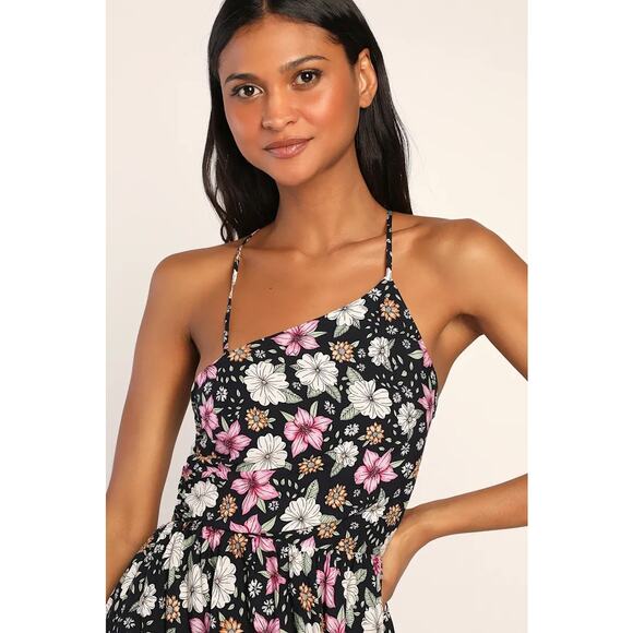 Lulus bohemian bliss black floral asymmetrical backless maxi dress - Picture 3 of 10